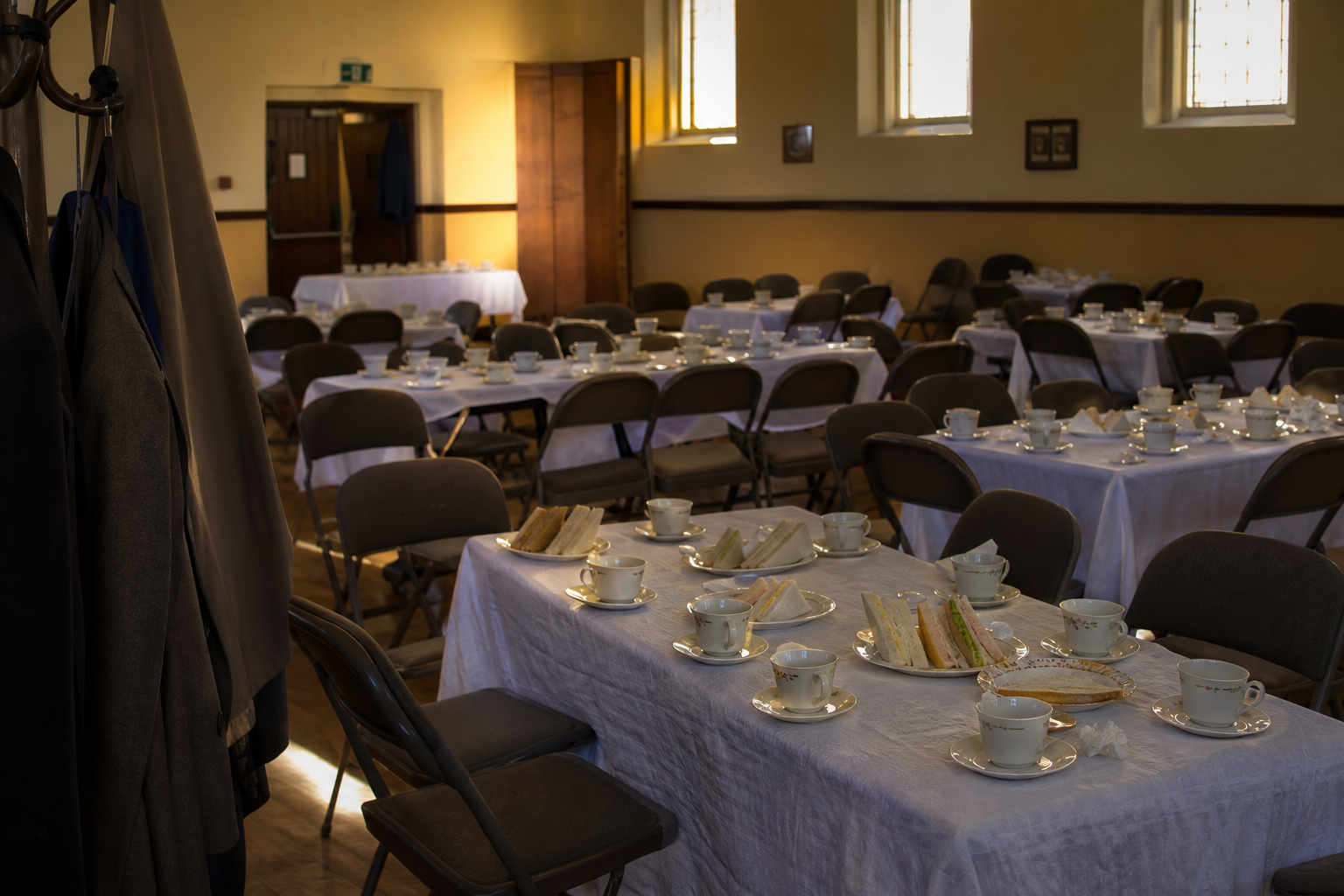 Tea cups and sandwiches in a parish hall